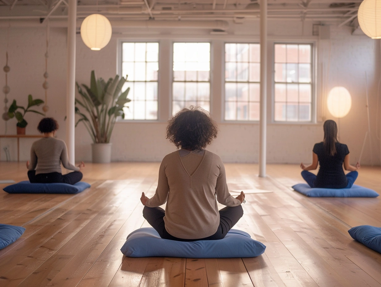 Grup în sesiune de meditație ghidată